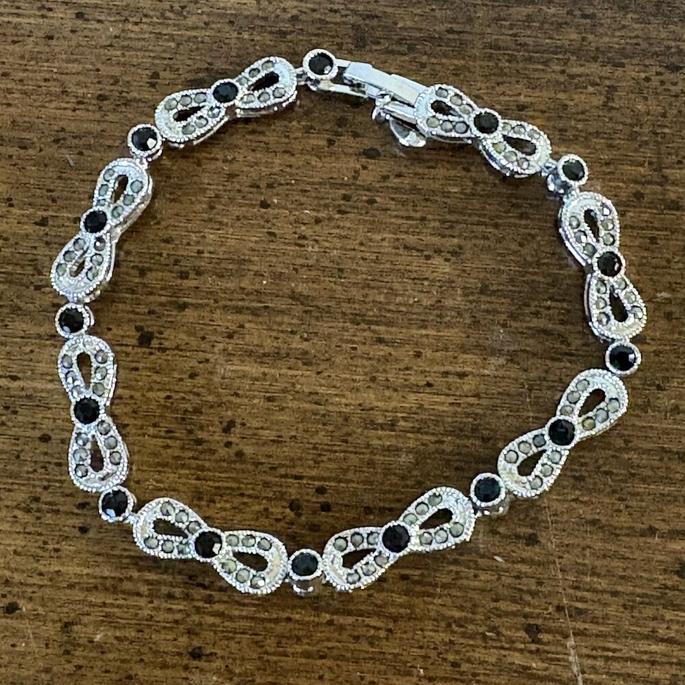 Premier Designs Silvertone Black Rhinestone Marcasite Tennis Bracelet Infinity